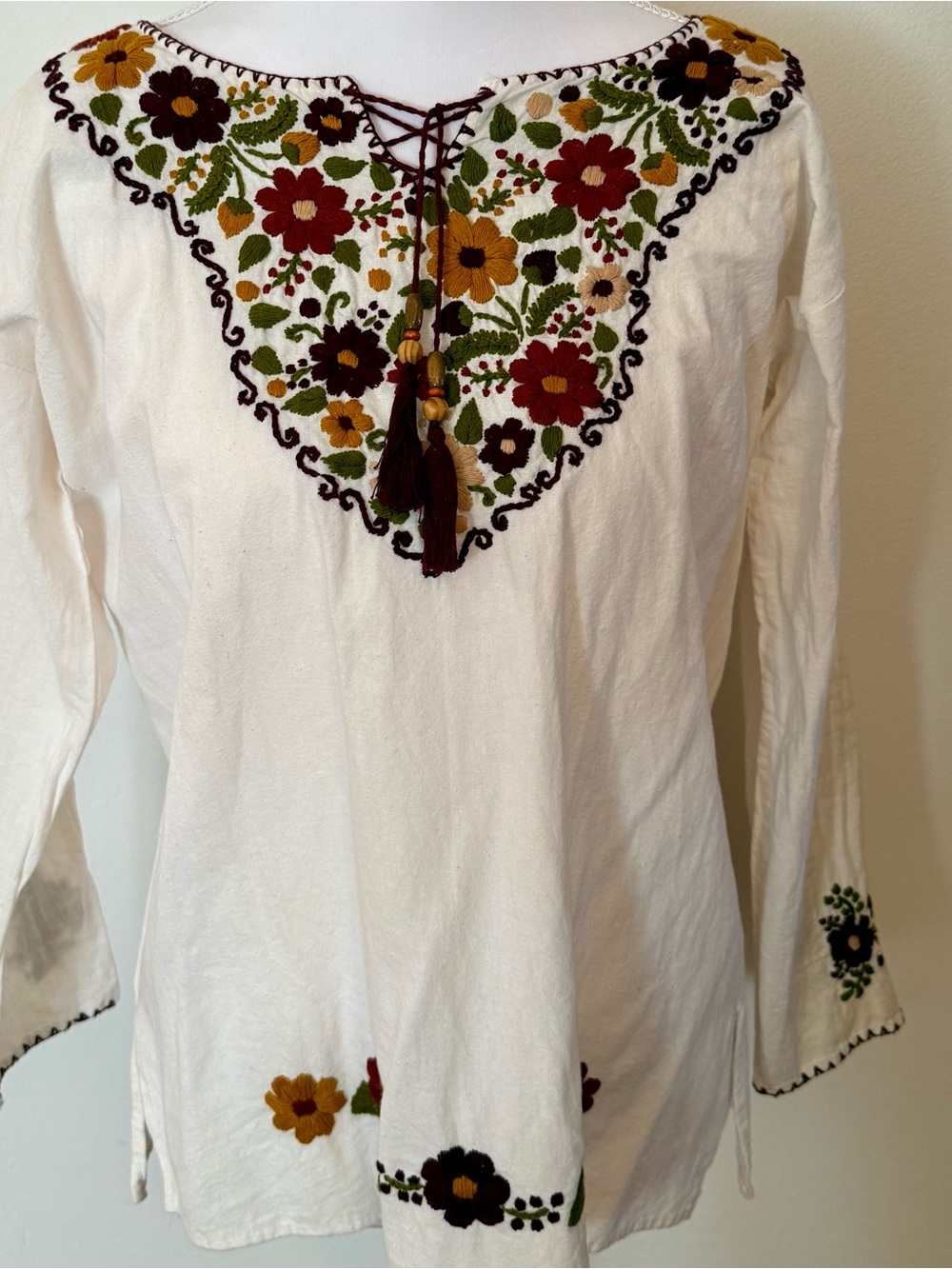 White Embroidered Peasant Tunic with Earthy Floral Yoke